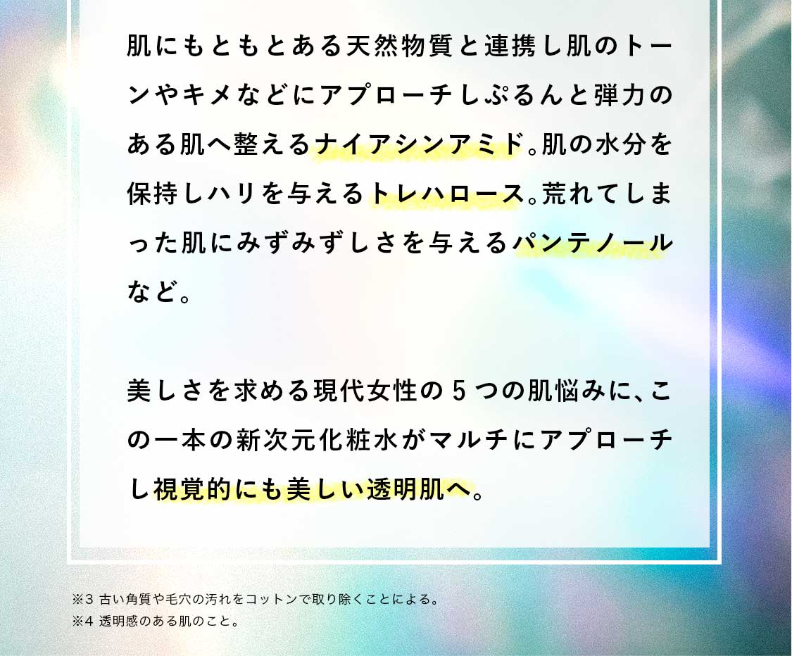 ナイアシンアミド、トレハロース、パンテノールなどを配合し、美しさを求める現代女性の5つの悩みにマルチにアプローチし視覚的にも美しい透明肌へ。